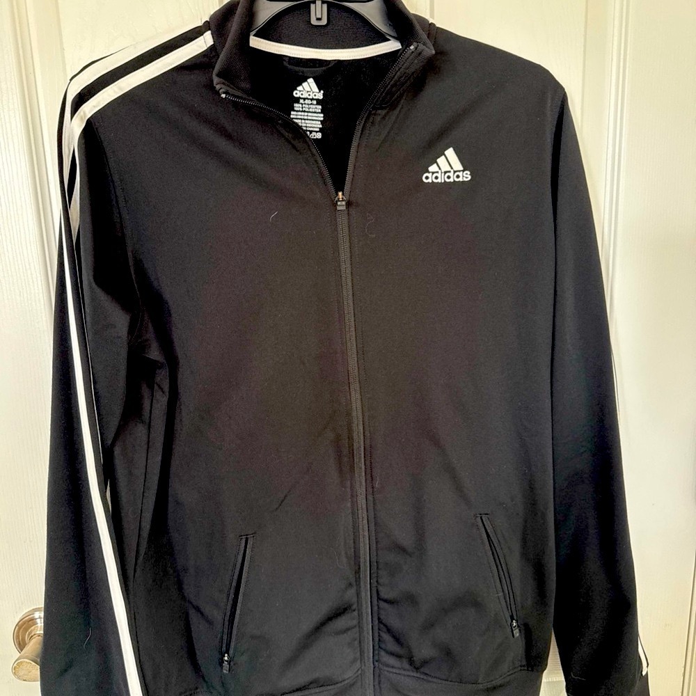 Adidas Men's Black Windbreaker with White Stripes